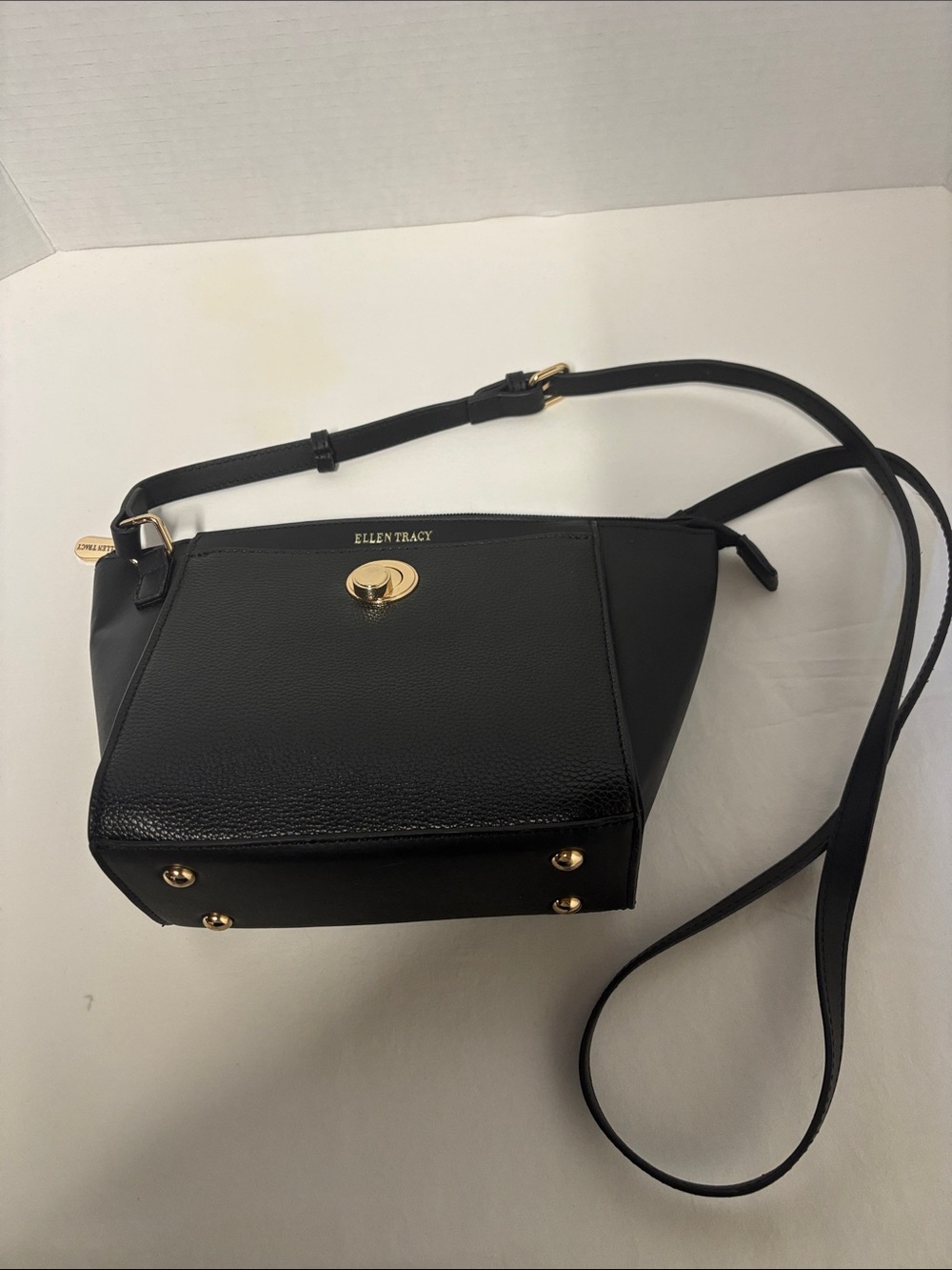 Ellen Tracy Black Faux Leather Crossbody with Gold-Tone Accents
